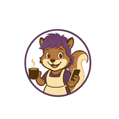 Mammy Squirrel with purple hair, a cuppa and a smile