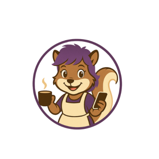 Mammy Squirrel with purple hair, a cuppa and a smile