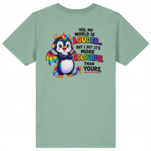 Yes, My World Is Louder – Kids’ Rainbow Dragon Penguin T-Shirt 🌈🐧