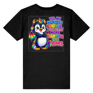 Yes, My World Is Louder – Kids’ Rainbow Dragon Penguin T-Shirt 🌈🐧